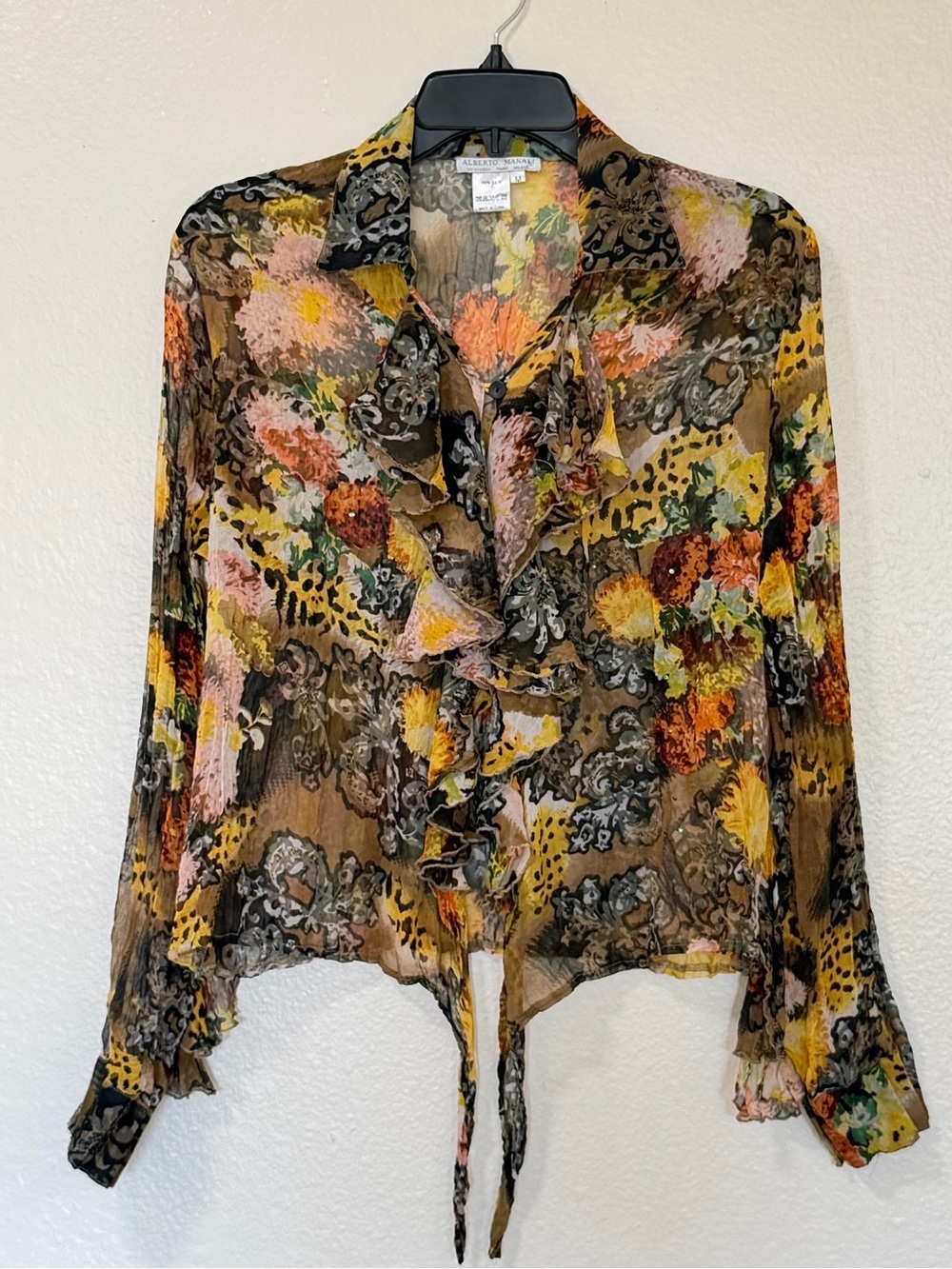 Reformation vintage Alberto Makali Floral Ruffle silk y2k semi sheer shirt top
